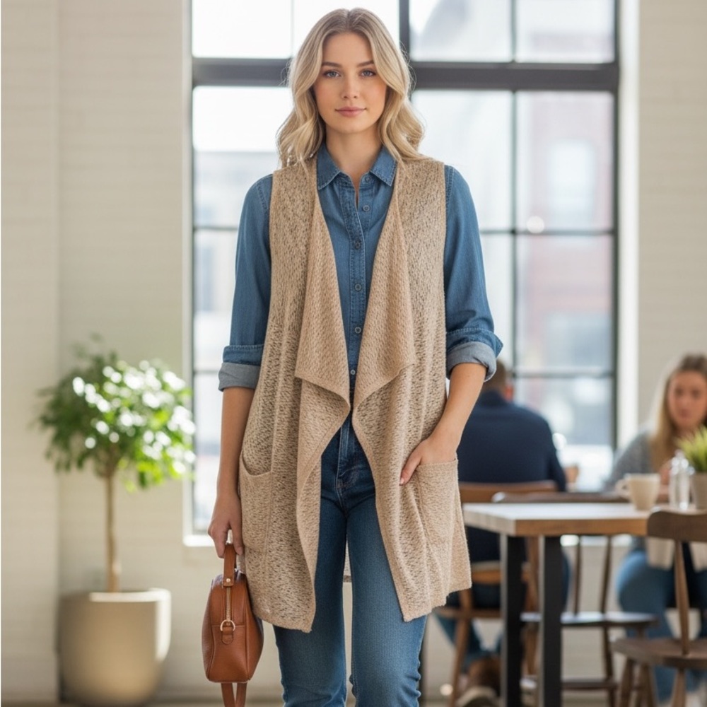 NEW•M-1X•Zen Bohemian Carrie Cascading Vest w/ Pockets Crochet Back